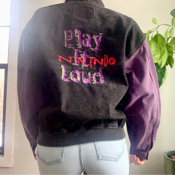 Vintage 90s Nintendo Women's Black and Purple Varsity Jacket - Picture 2 of 16
